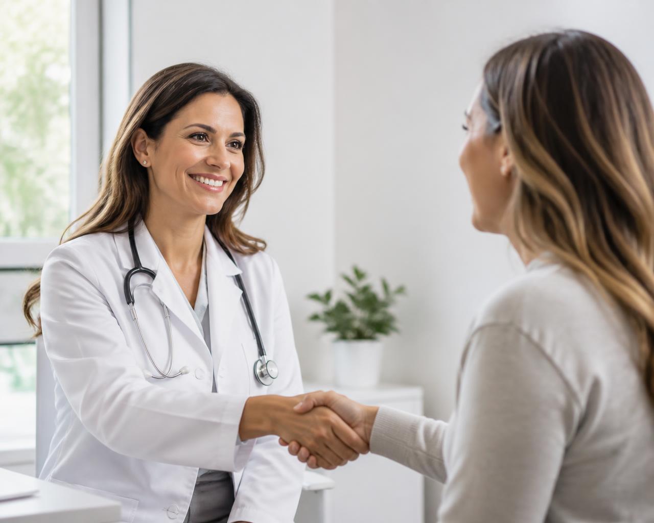 Médica recebendo paciente satisfeita em clínica moderna